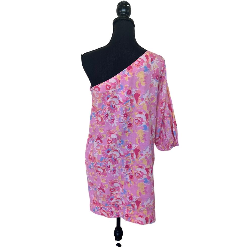 Something Navy Pink Floral Mini Dress MEDIUM One Shoulder Linen Shift Party $165 - Picture 9 of 11